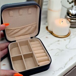 Mini Travel Jewelry Box Zippered Closure Portable Black Faux Leather Square Case